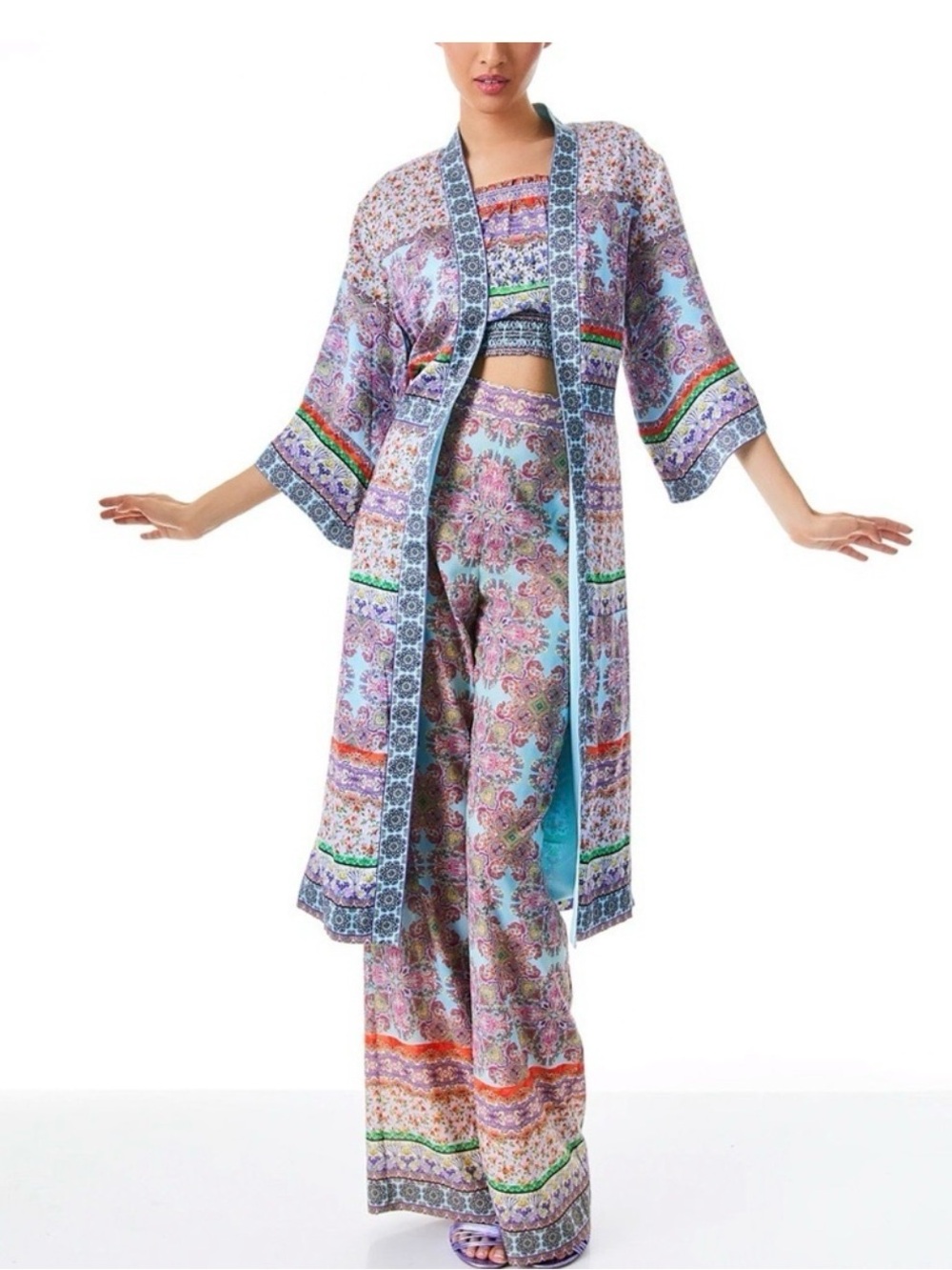ALICE & OLIVIA- Stunning Flora Boho  Print Long Kimono & Pant Set - Picture 14 of 16